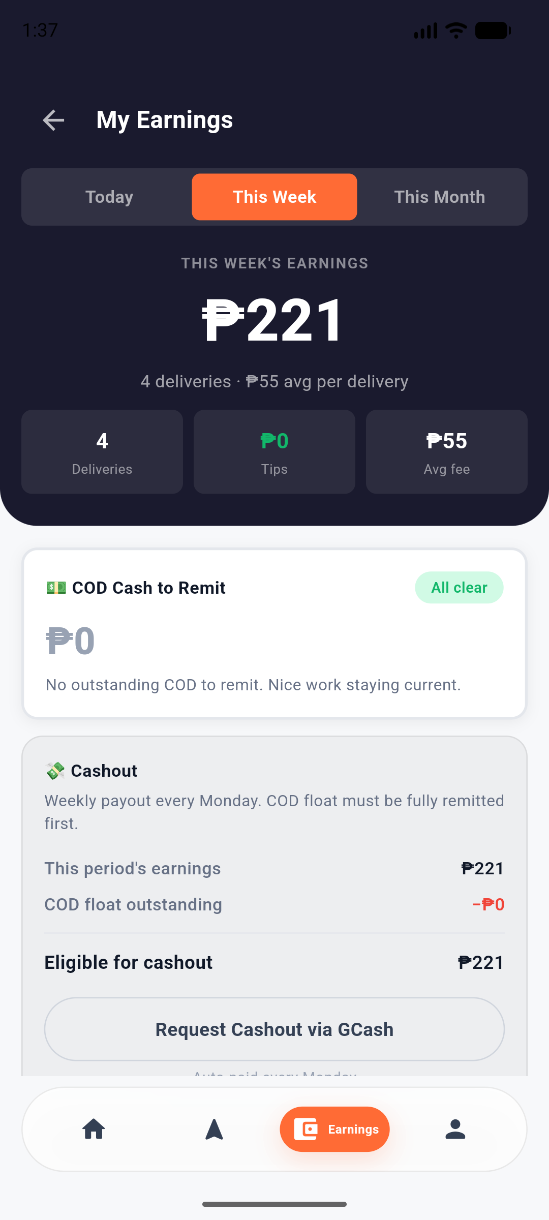 RunIt Rider app — earnings dashboard and instant GCash cashout